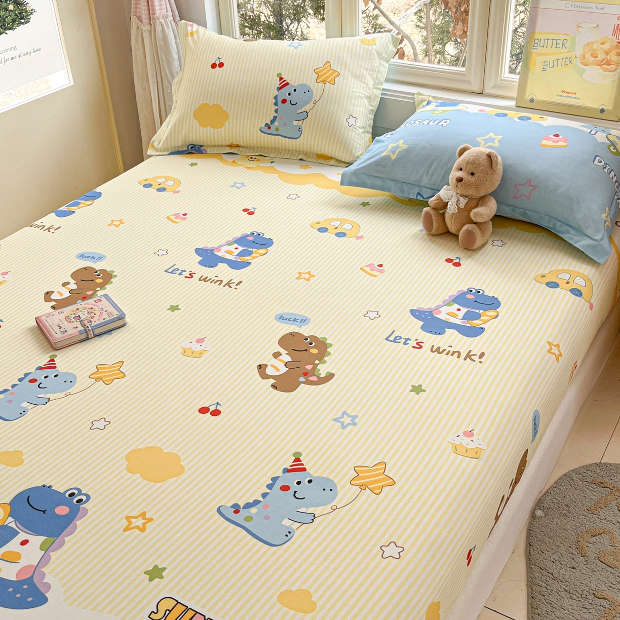 91家纺网 家纺一手货源 找家纺 莱通家纺 2026春夏新款12868全棉印花四件套单品系列二-单床笠 闲趣恐龙