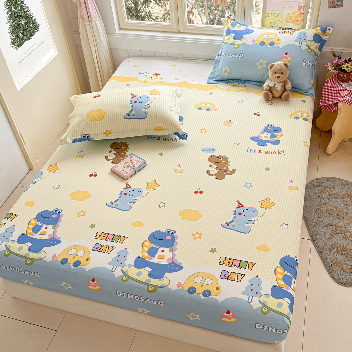 91家纺网 家纺一手货源 找家纺 莱通家纺 2026春夏新款12868全棉印花四件套单品系列二-单床笠 闲趣恐龙