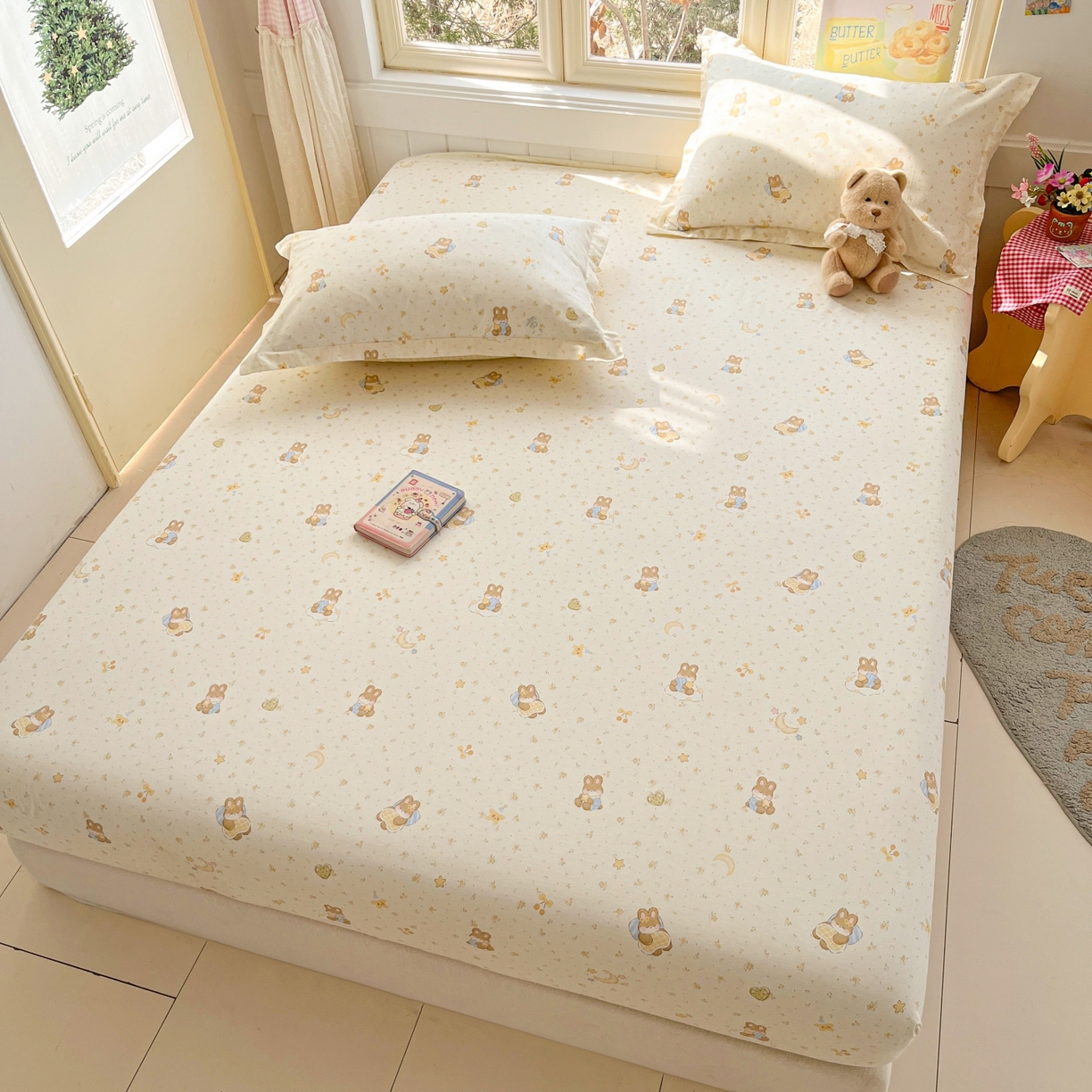 91家纺网 家纺一手货源 找家纺 莱通家纺 2026春夏新款12868全棉印花四件套单品系列二-单床笠 星点兔语