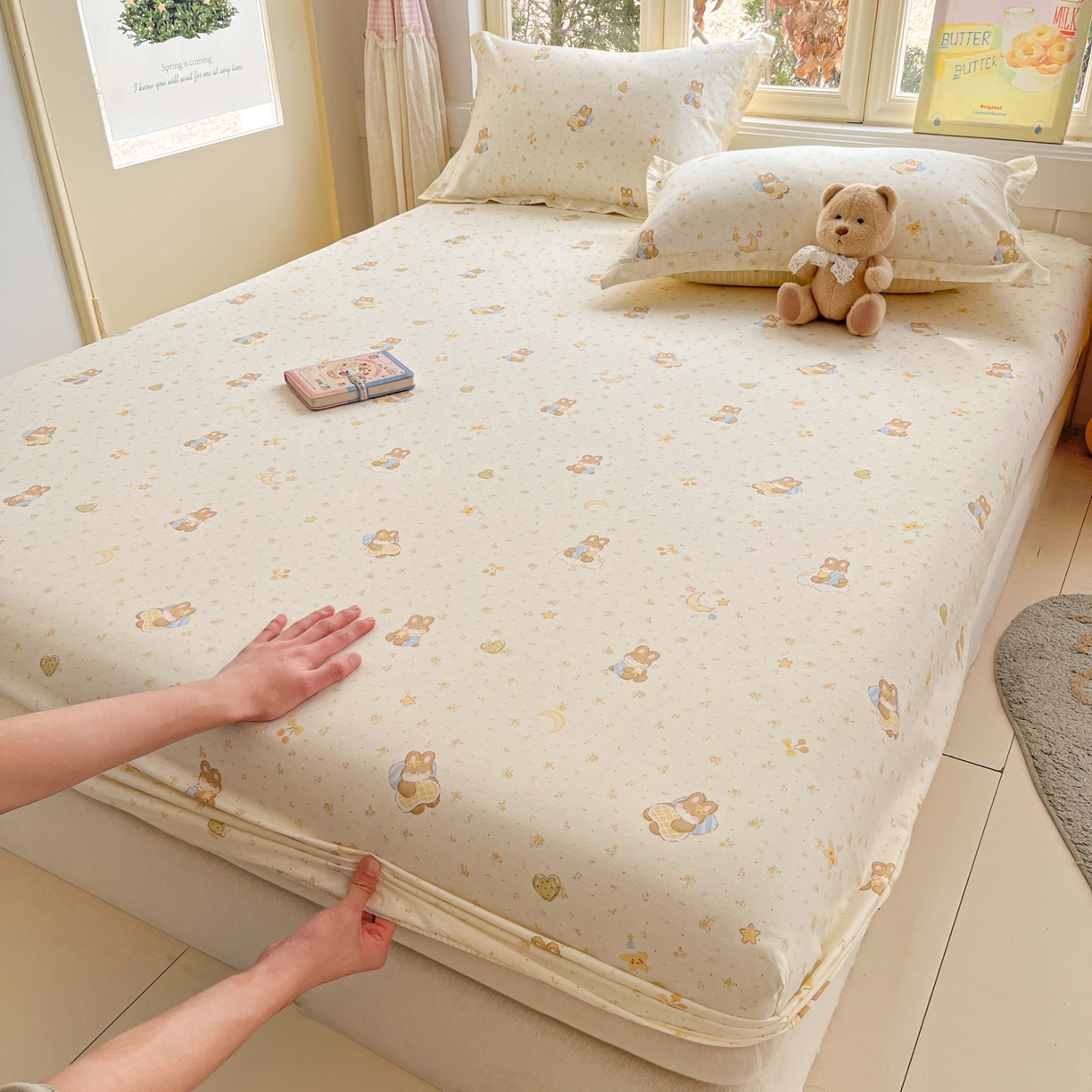 91家纺网 家纺一手货源 找家纺 莱通家纺 2026春夏新款12868全棉印花四件套单品系列二-单床笠 星点兔语