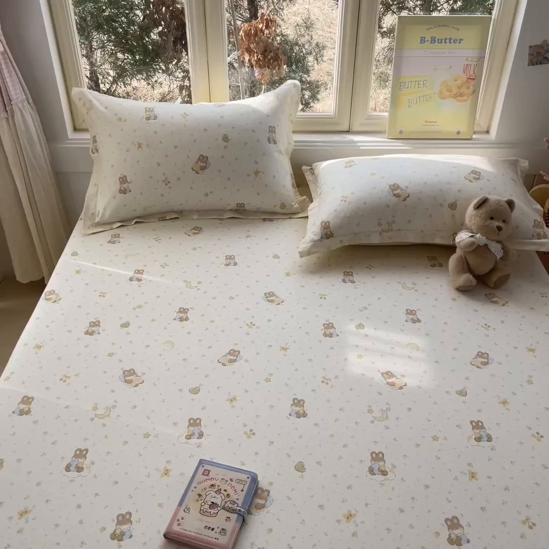 91家纺网 家纺一手货源 找家纺 莱通家纺 2026春夏新款12868全棉印花四件套单品系列二-单床笠 星点兔语