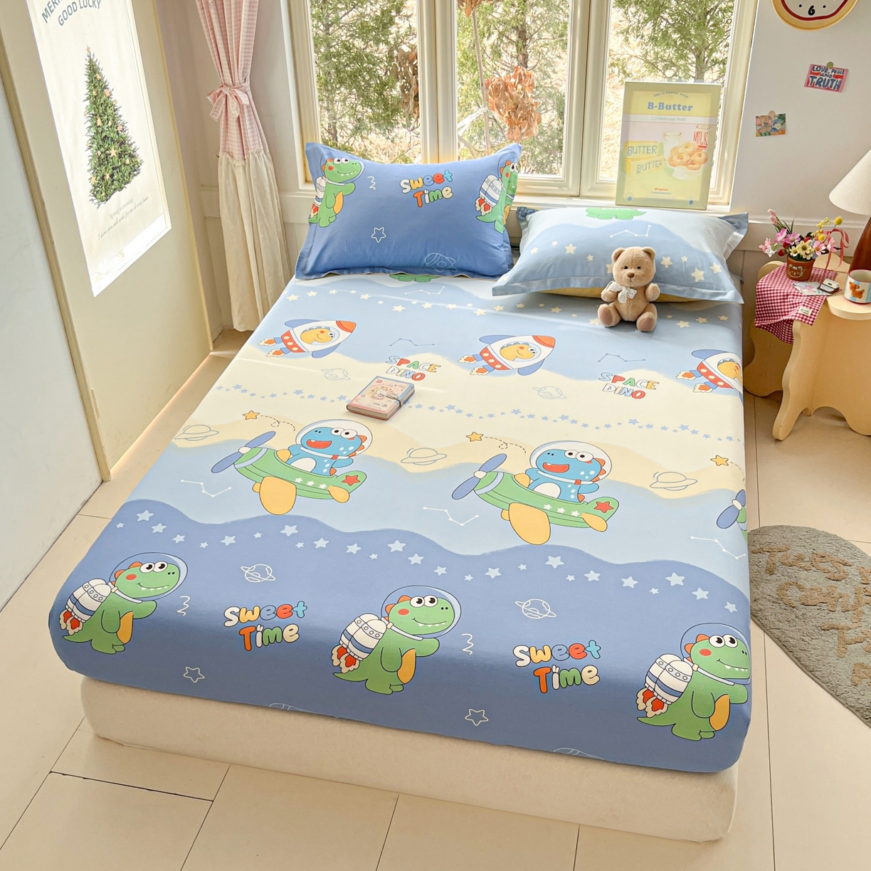 91家纺网 家纺一手货源 找家纺 莱通家纺 2026春夏新款12868全棉印花四件套单品系列二-单床笠 星际天空龙