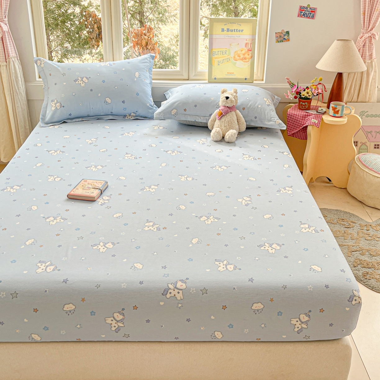 91家纺网 家纺一手货源 找家纺 莱通家纺 2026春夏新款12868全棉印花四件套单品系列二-单床笠 星星独角兽