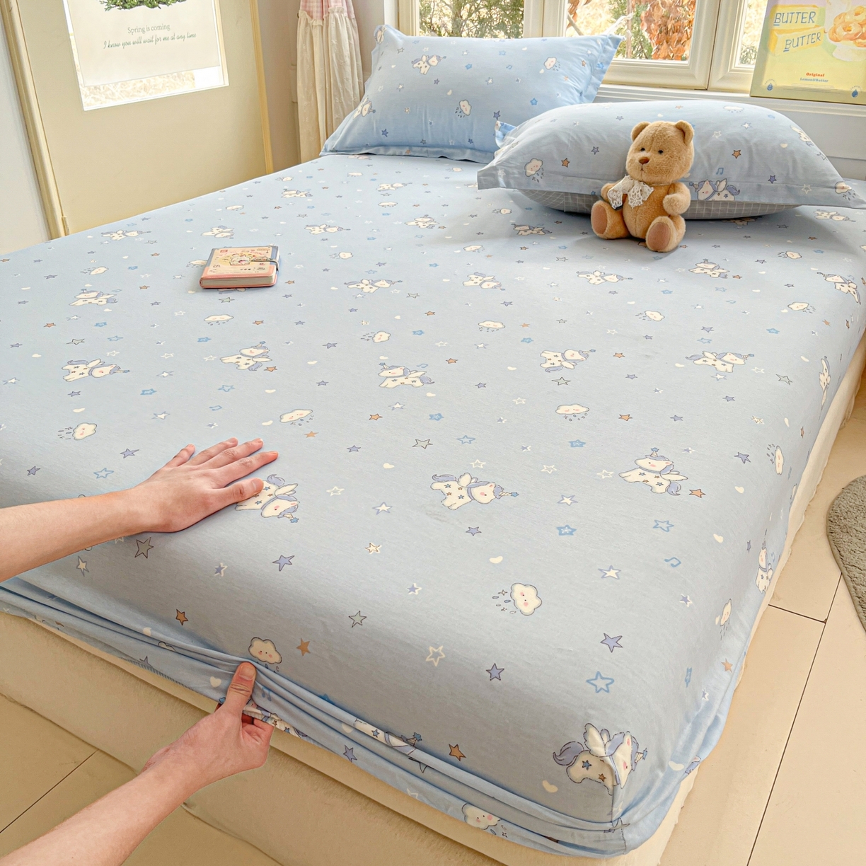 91家纺网 家纺一手货源 找家纺 莱通家纺 2026春夏新款12868全棉印花四件套单品系列二-单床笠 星星独角兽