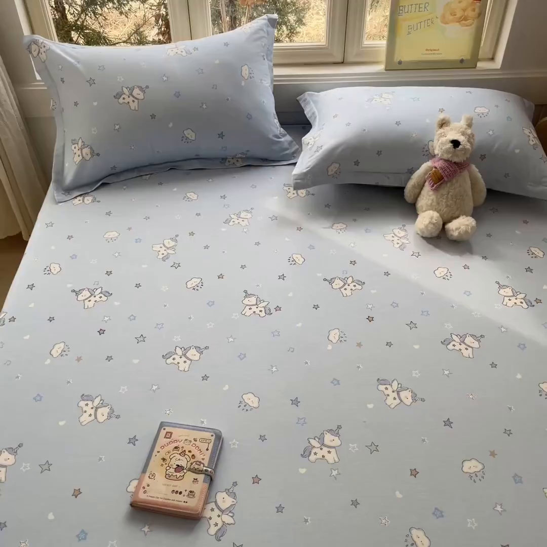 91家纺网 家纺一手货源 找家纺 莱通家纺 2026春夏新款12868全棉印花四件套单品系列二-单床笠 星星独角兽