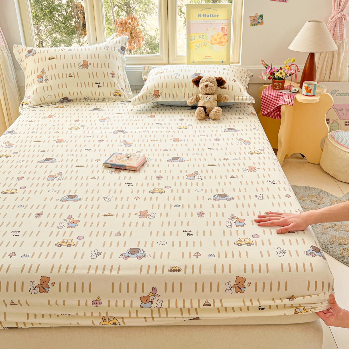 莱通家纺 2026春夏新款12868全棉印花四件套单品系列二-单床笠 熊仔小汽车