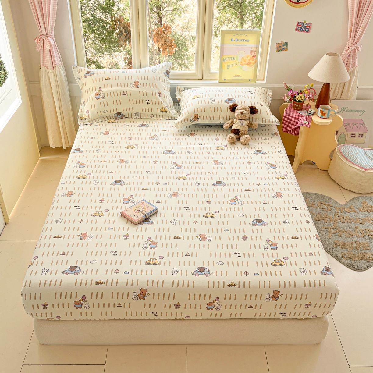 91家纺网 家纺一手货源 找家纺 莱通家纺 2026春夏新款12868全棉印花四件套单品系列二-单床笠 熊仔小汽车