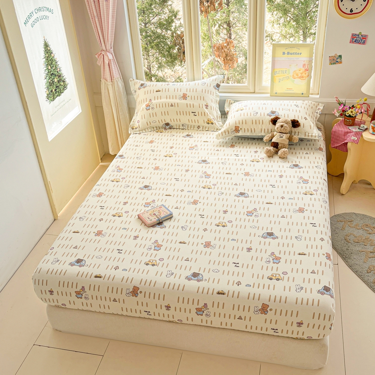 91家纺网 家纺一手货源 找家纺 莱通家纺 2026春夏新款12868全棉印花四件套单品系列二-单床笠 熊仔小汽车