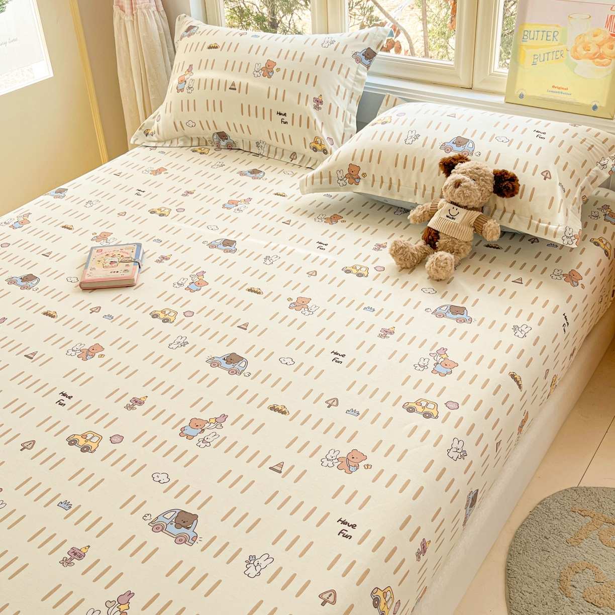 91家纺网 家纺一手货源 找家纺 莱通家纺 2026春夏新款12868全棉印花四件套单品系列二-单床笠 熊仔小汽车