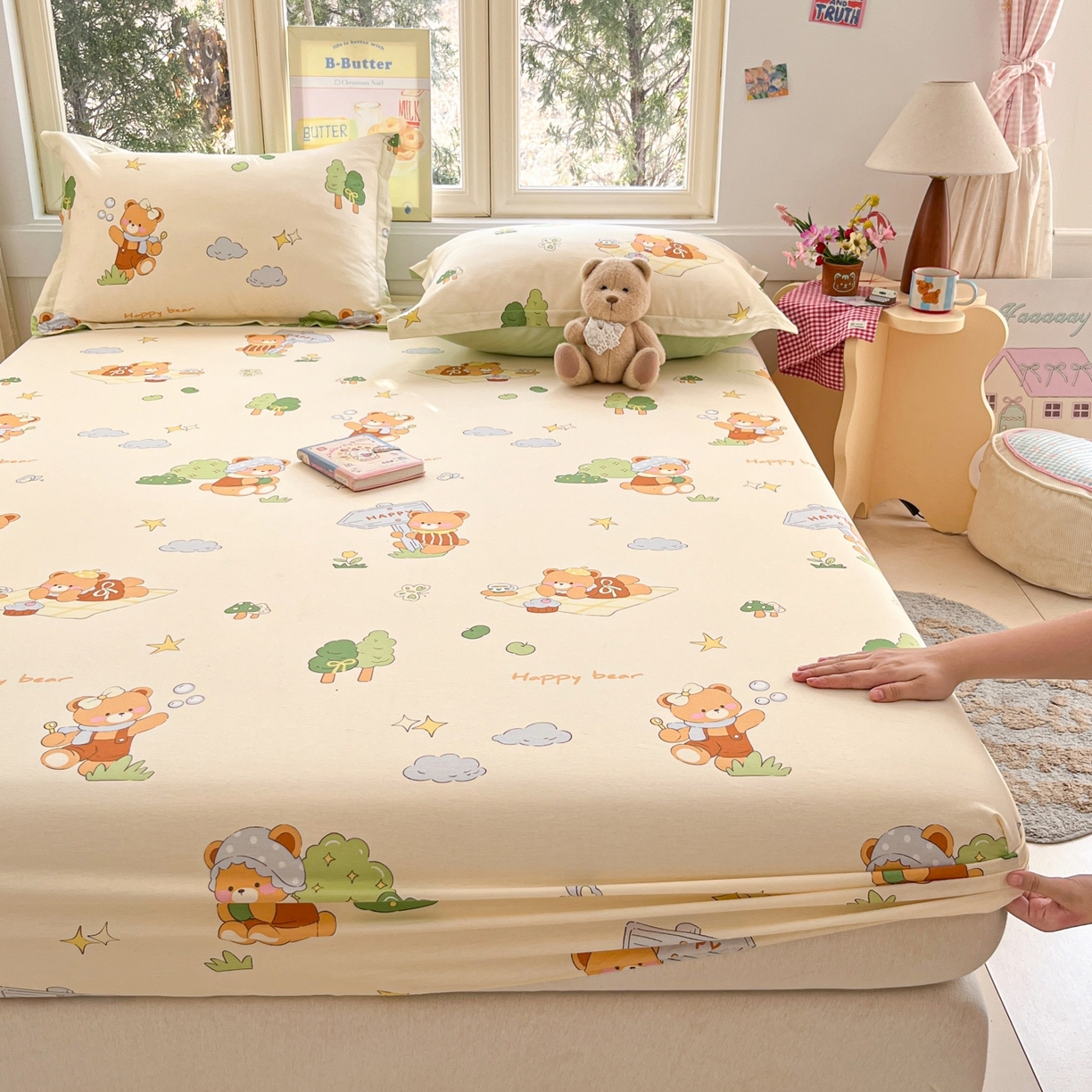 莱通家纺 2026春夏新款12868全棉印花四件套单品系列二-单床笠 野炊小熊