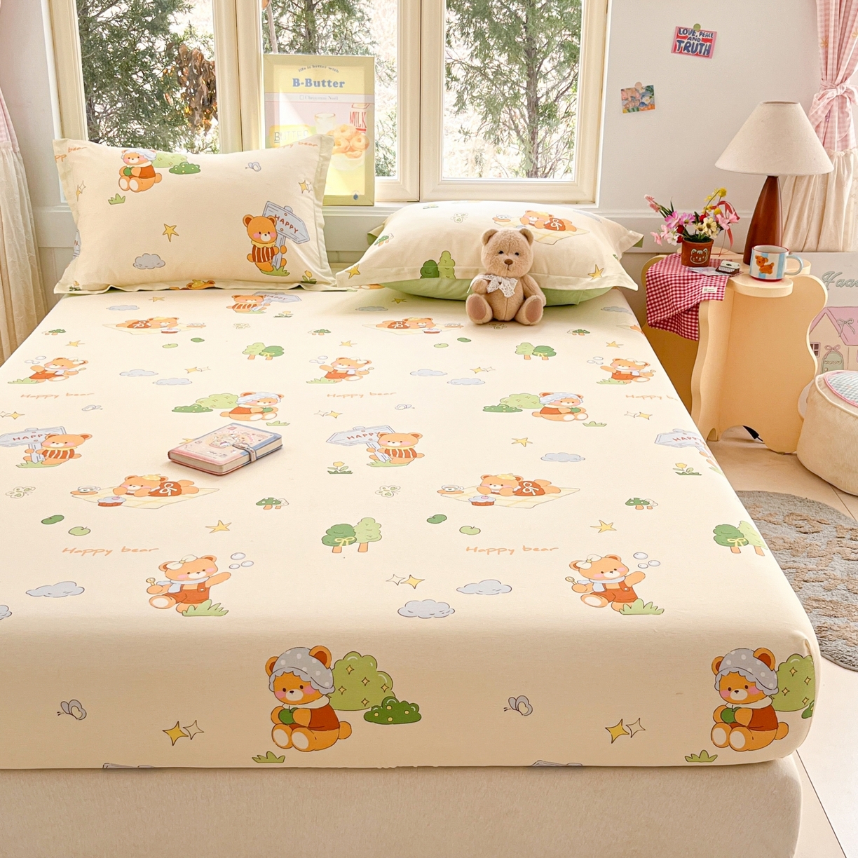 91家纺网 家纺一手货源 找家纺 莱通家纺 2026春夏新款12868全棉印花四件套单品系列二-单床笠 野炊小熊