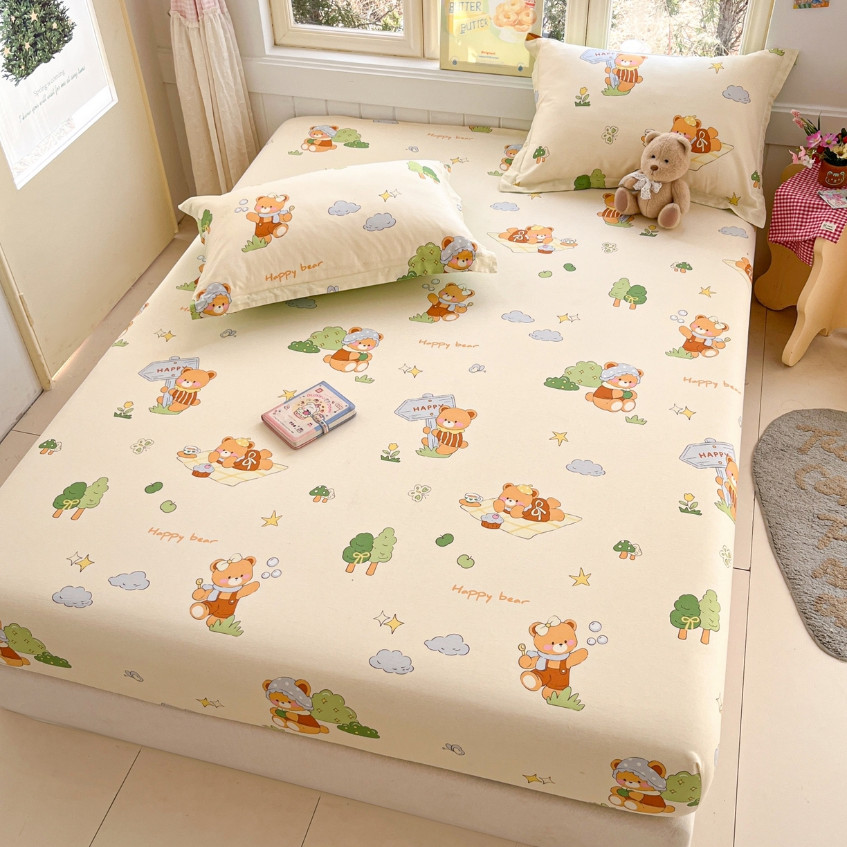 91家纺网 家纺一手货源 找家纺 莱通家纺 2026春夏新款12868全棉印花四件套单品系列二-单床笠 野炊小熊