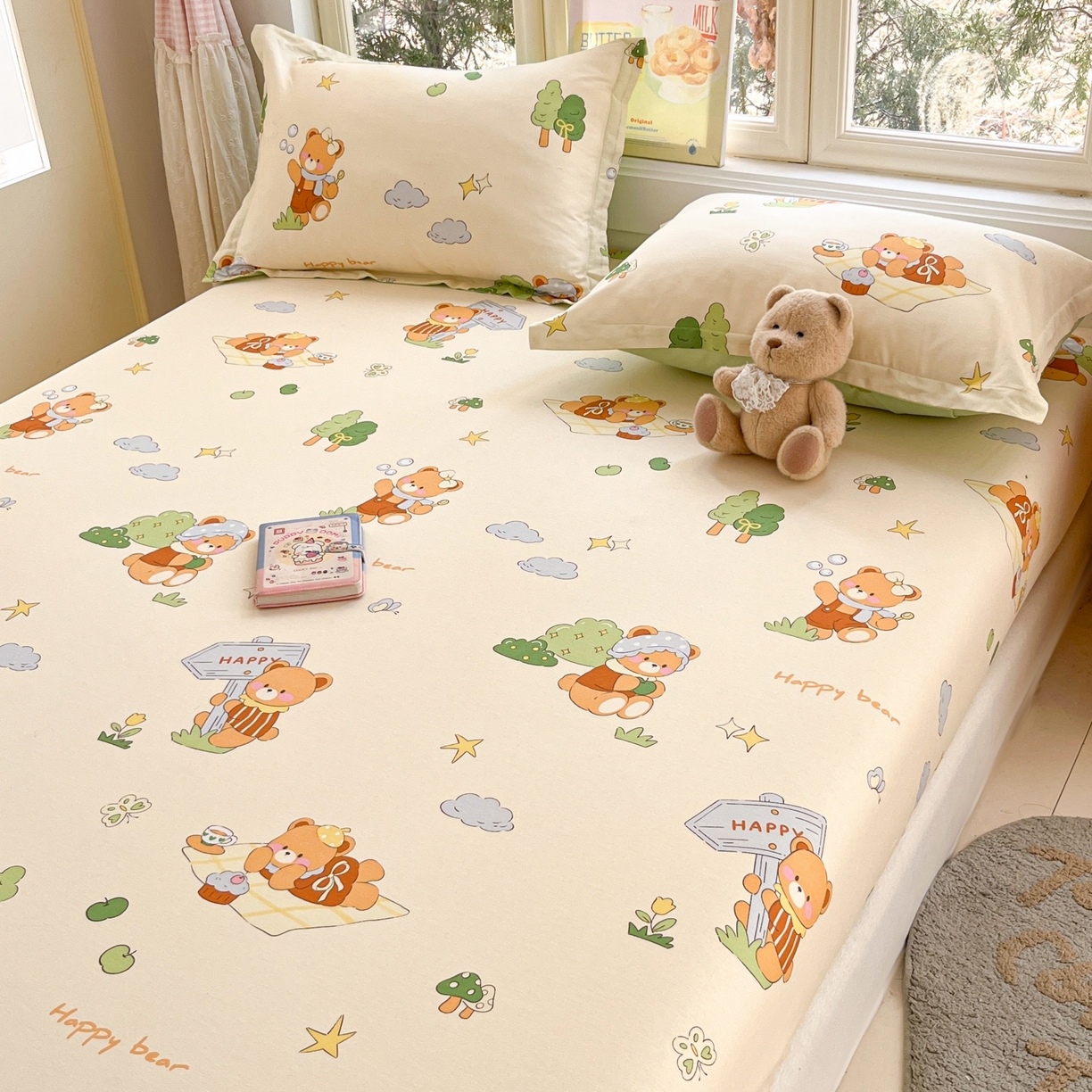 91家纺网 家纺一手货源 找家纺 莱通家纺 2026春夏新款12868全棉印花四件套单品系列二-单床笠 野炊小熊