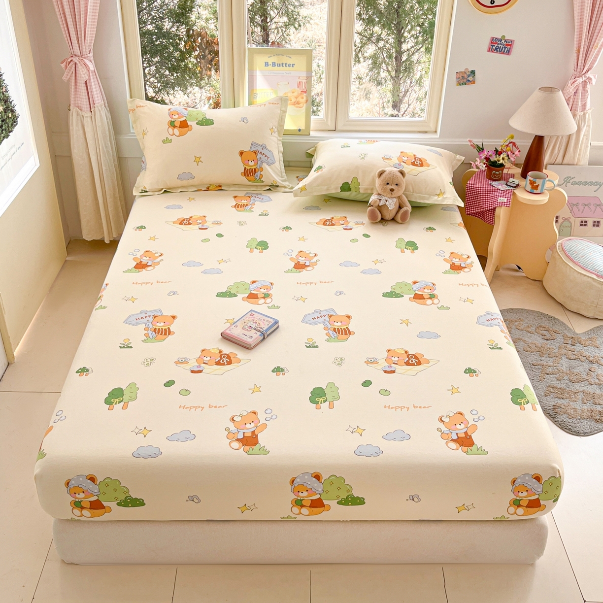 91家纺网 家纺一手货源 找家纺 莱通家纺 2026春夏新款12868全棉印花四件套单品系列二-单床笠 野炊小熊