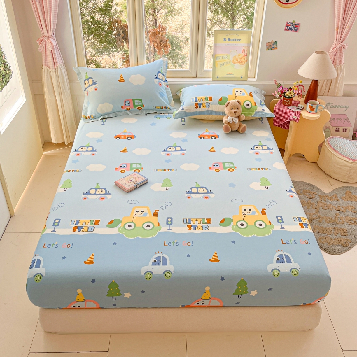 91家纺网 家纺一手货源 找家纺 莱通家纺 2026春夏新款12868全棉印花四件套单品系列二-单床笠 云朵车行