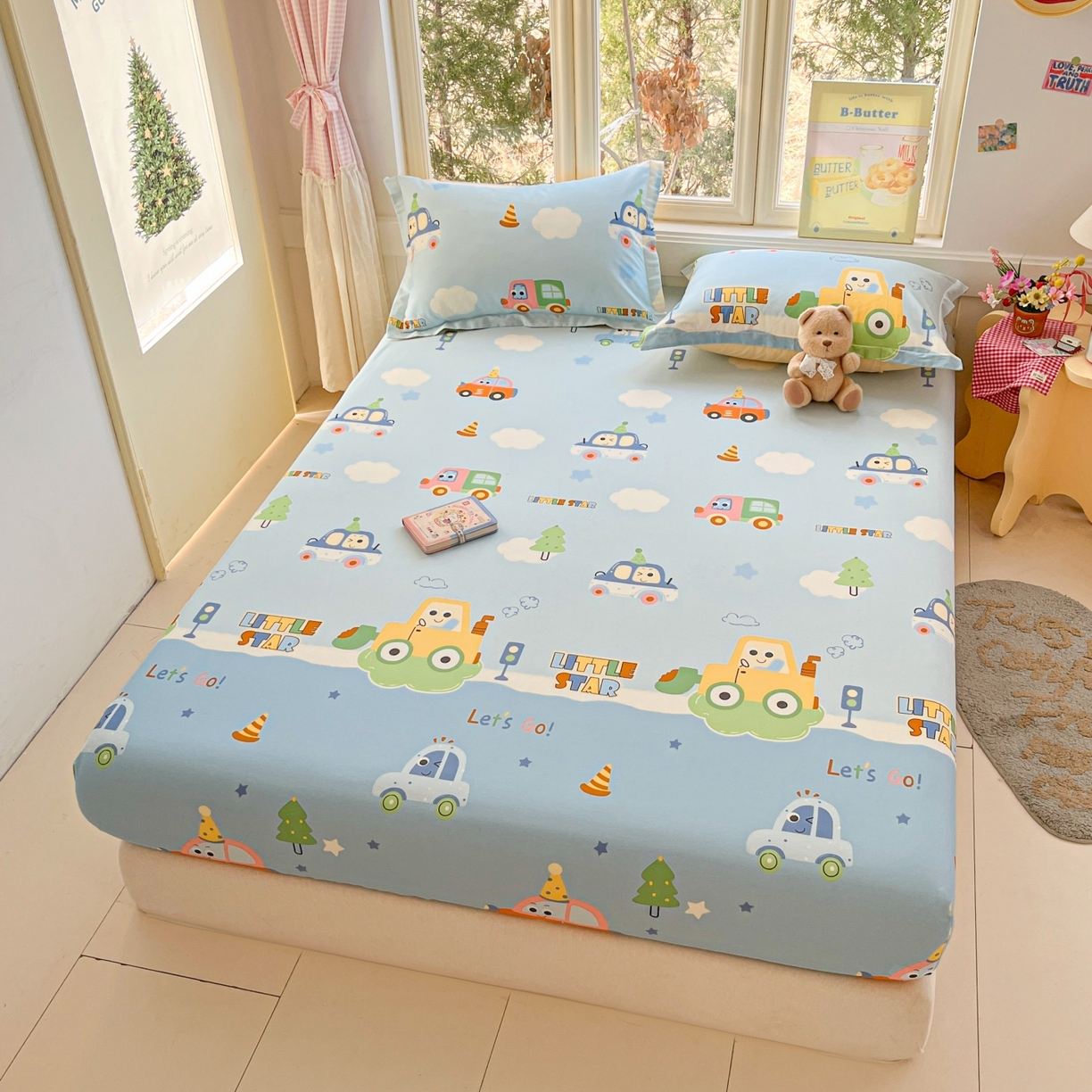 91家纺网 家纺一手货源 找家纺 莱通家纺 2026春夏新款12868全棉印花四件套单品系列二-单床笠 云朵车行