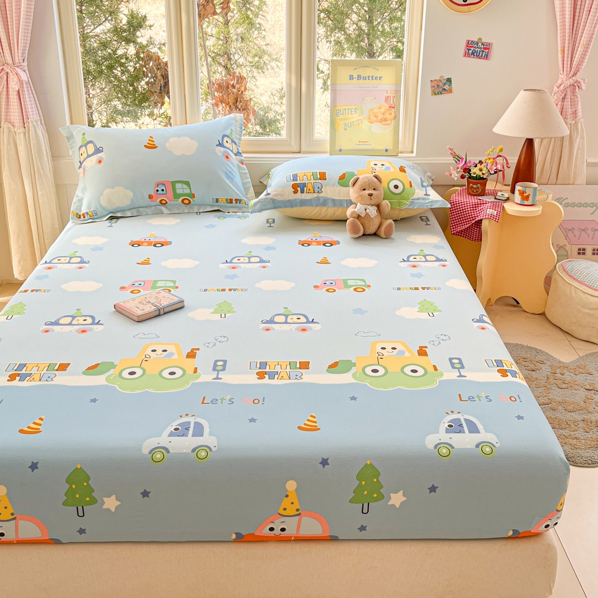 91家纺网 家纺一手货源 找家纺 莱通家纺 2026春夏新款12868全棉印花四件套单品系列二-单床笠 云朵车行