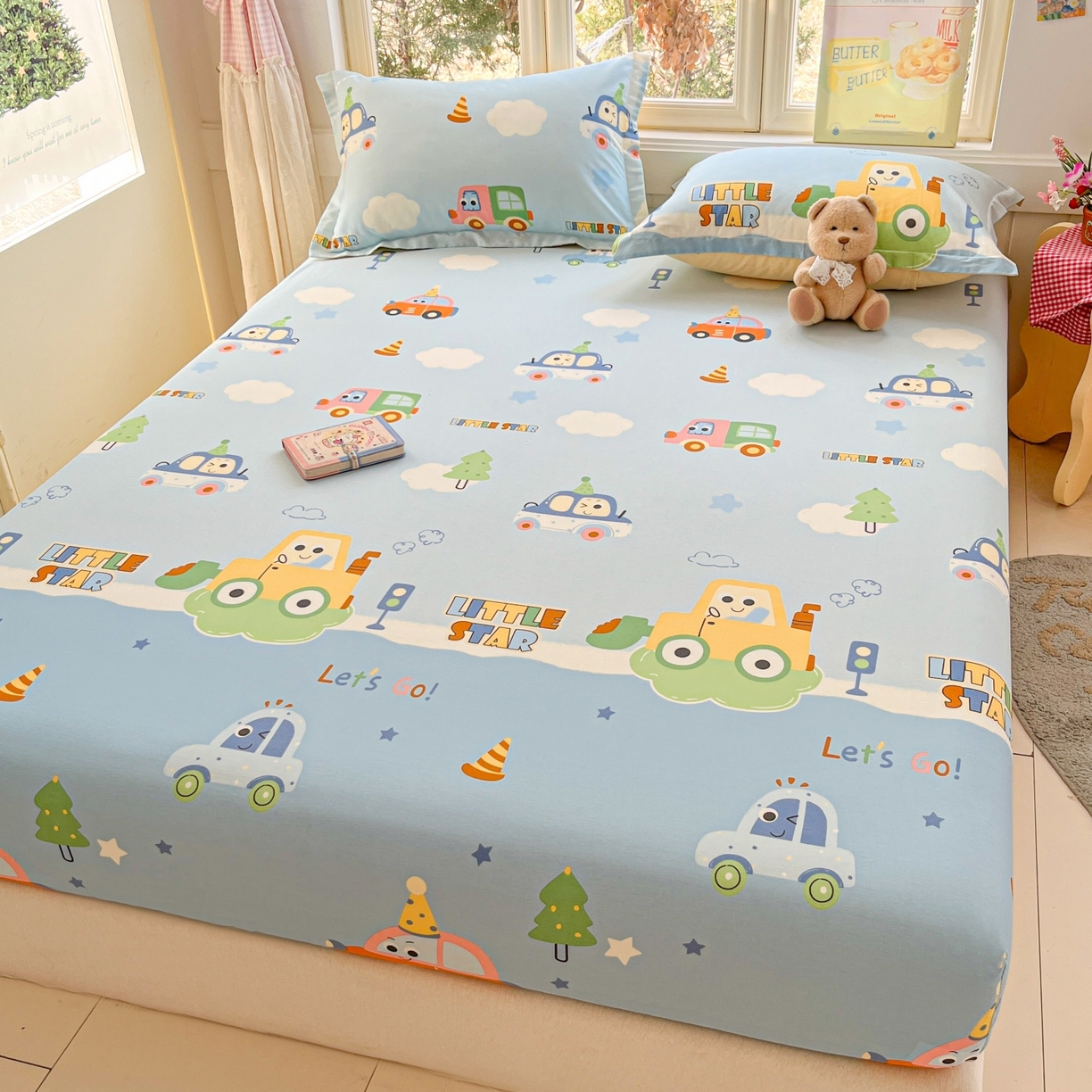 91家纺网 家纺一手货源 找家纺 莱通家纺 2026春夏新款12868全棉印花四件套单品系列二-单床笠 云朵车行