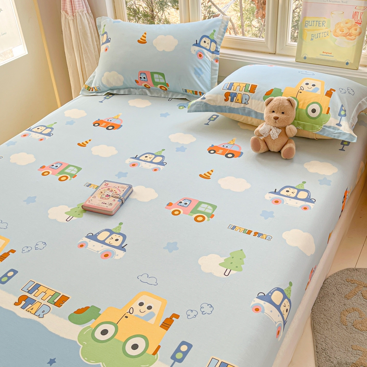 91家纺网 家纺一手货源 找家纺 莱通家纺 2026春夏新款12868全棉印花四件套单品系列二-单床笠 云朵车行