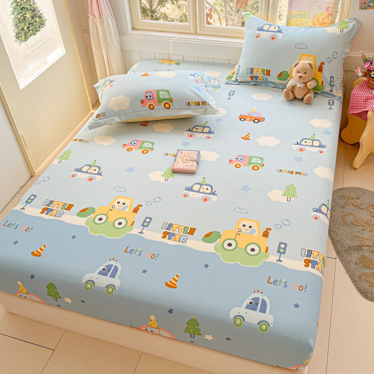 91家纺网 家纺一手货源 找家纺 莱通家纺 2026春夏新款12868全棉印花四件套单品系列二-单床笠 云朵车行