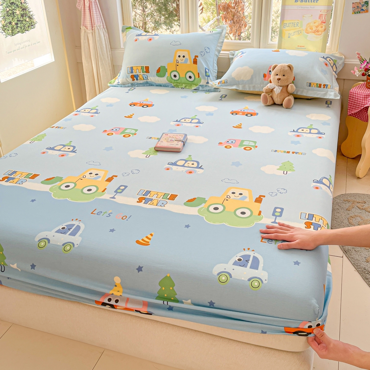 91家纺网 家纺一手货源 找家纺 莱通家纺 2026春夏新款12868全棉印花四件套单品系列二-单床笠 云朵车行