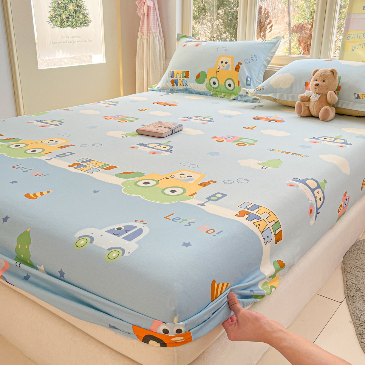 91家纺网 家纺一手货源 找家纺 莱通家纺 2026春夏新款12868全棉印花四件套单品系列二-单床笠 云朵车行