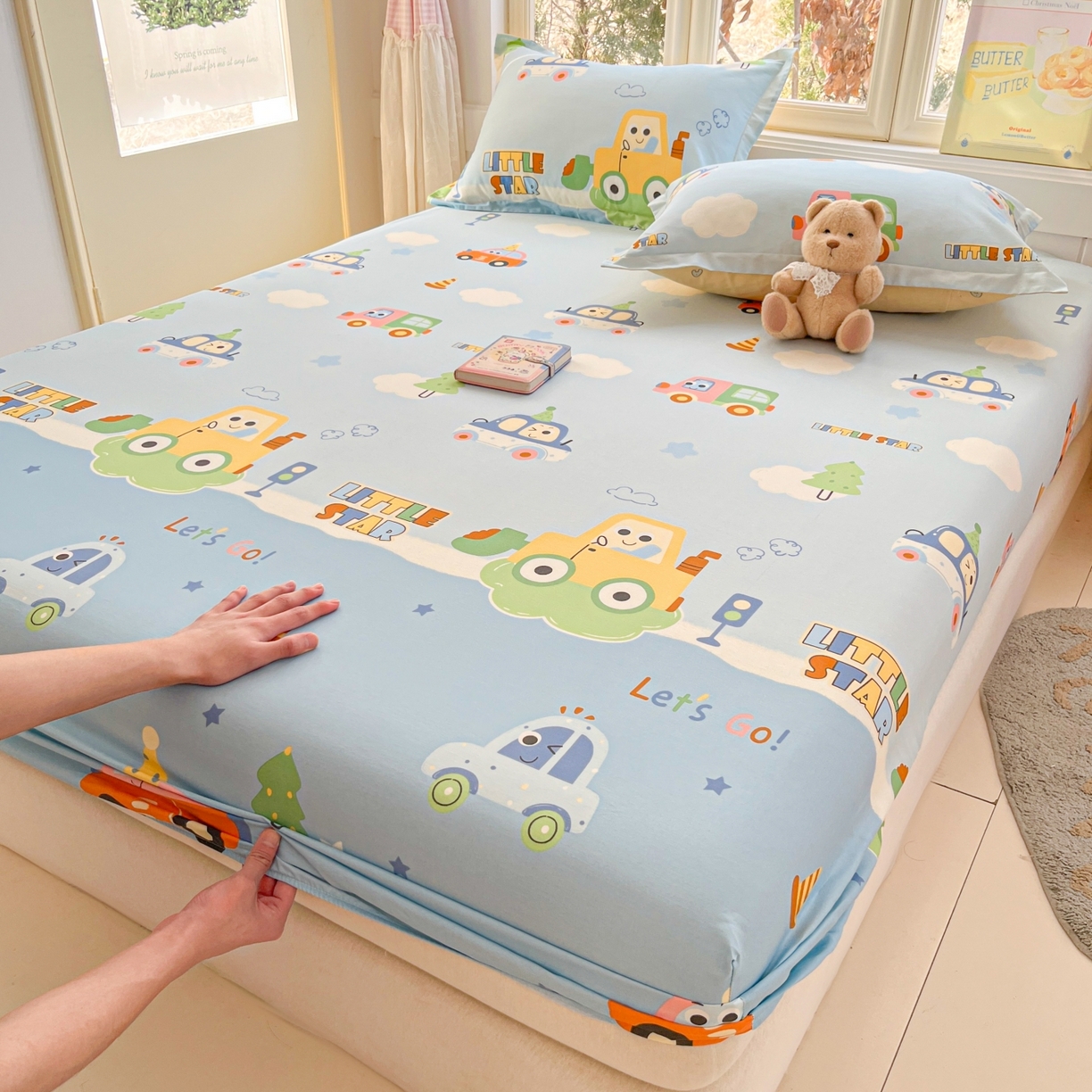 91家纺网 家纺一手货源 找家纺 莱通家纺 2026春夏新款12868全棉印花四件套单品系列二-单床笠 云朵车行