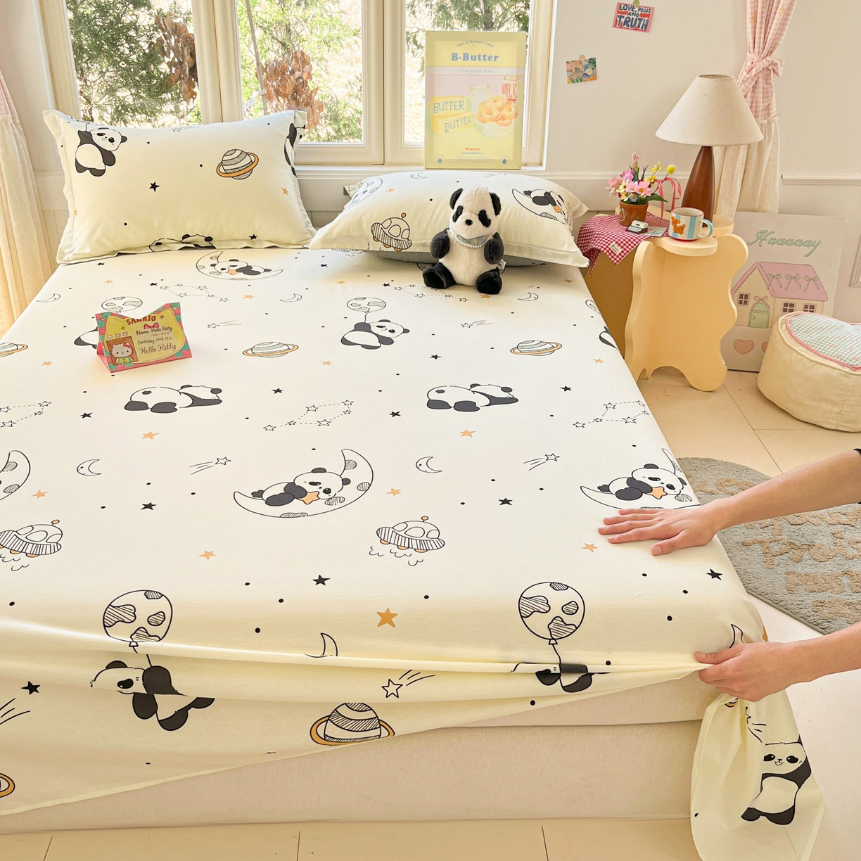 91家纺网 家纺一手货源 找家纺 莱通家纺 2026春夏新款12868全棉印花四件套单品系列二-单床单 放空小熊猫