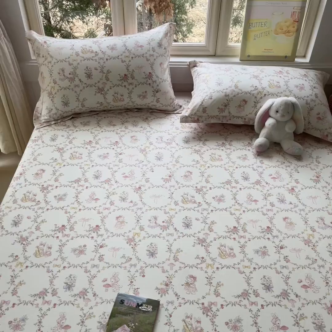91家纺网 家纺一手货源 找家纺 莱通家纺 2026春夏新款12868全棉印花四件套单品系列二-单床单 童话花町