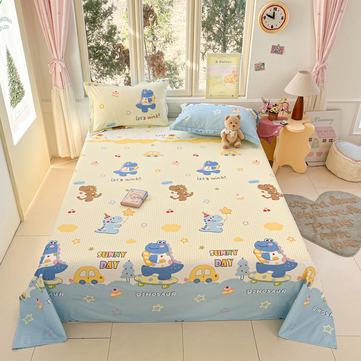 91家纺网 家纺一手货源 找家纺 莱通家纺 2026春夏新款12868全棉印花四件套单品系列二-单床单 闲趣恐龙