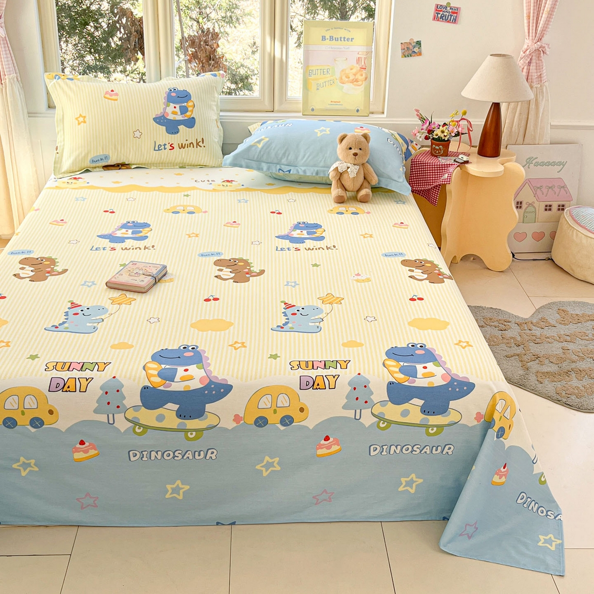 91家纺网 家纺一手货源 找家纺 莱通家纺 2026春夏新款12868全棉印花四件套单品系列二-单床单 闲趣恐龙