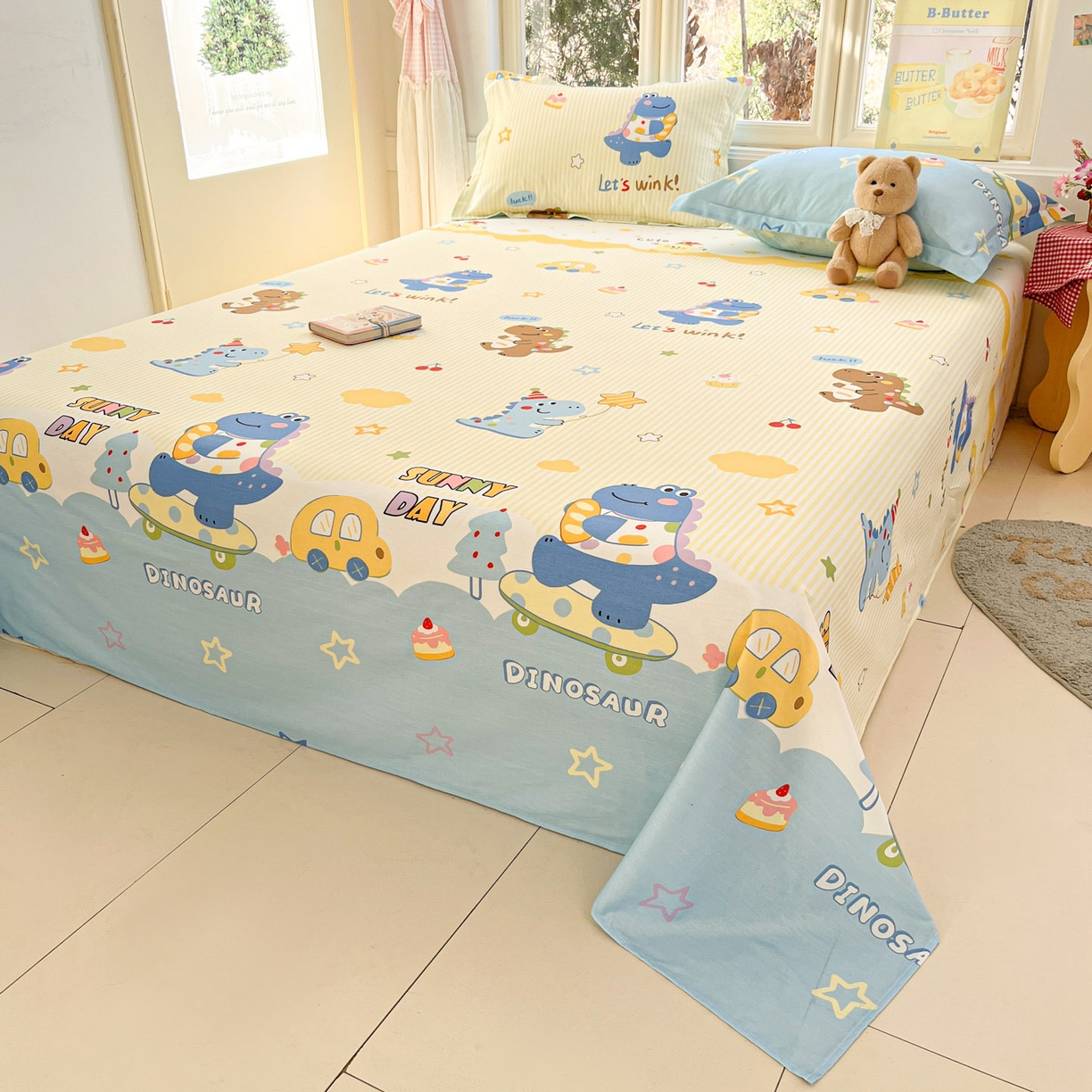 91家纺网 家纺一手货源 找家纺 莱通家纺 2026春夏新款12868全棉印花四件套单品系列二-单床单 闲趣恐龙