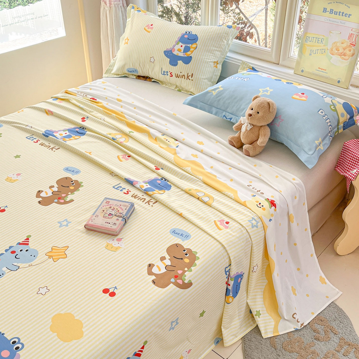 91家纺网 家纺一手货源 找家纺 莱通家纺 2026春夏新款12868全棉印花四件套单品系列二-单床单 闲趣恐龙