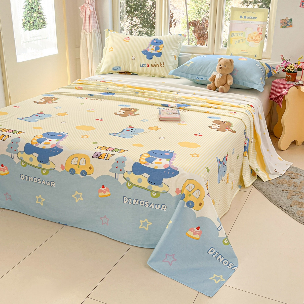 91家纺网 家纺一手货源 找家纺 莱通家纺 2026春夏新款12868全棉印花四件套单品系列二-单床单 闲趣恐龙