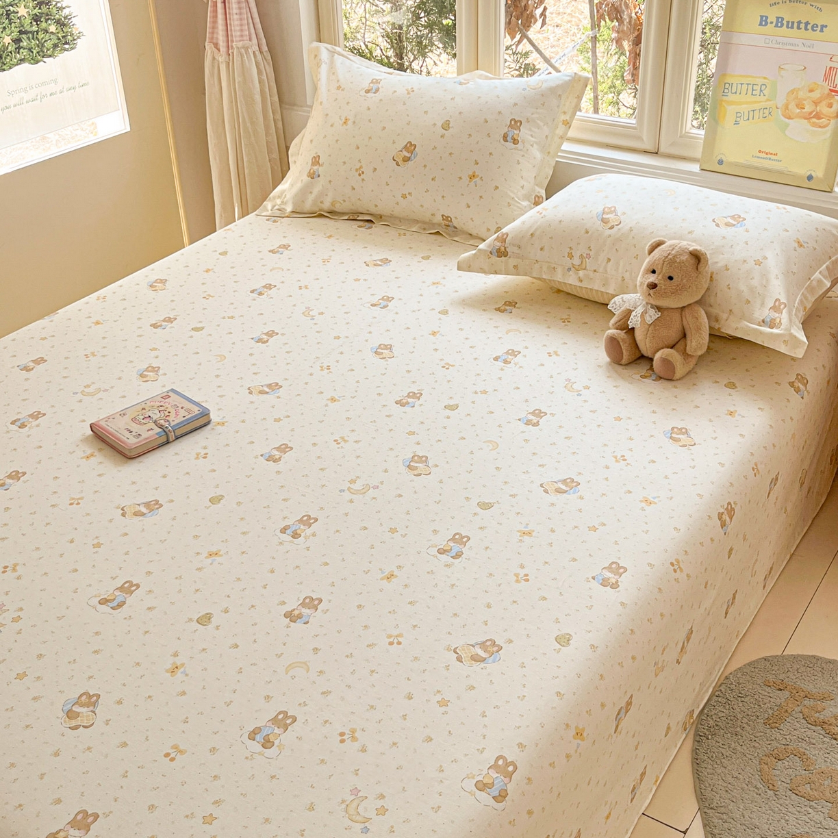 91家纺网 家纺一手货源 找家纺 莱通家纺 2026春夏新款12868全棉印花四件套单品系列二-单床单 星点兔语