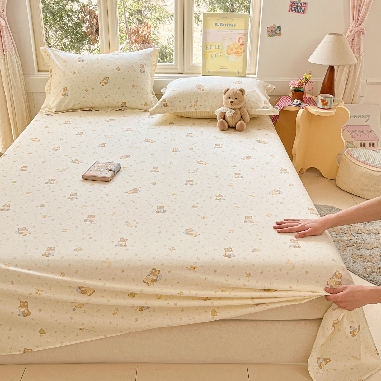 91家纺网 家纺一手货源 找家纺 莱通家纺 2026春夏新款12868全棉印花四件套单品系列二-单床单 星点兔语