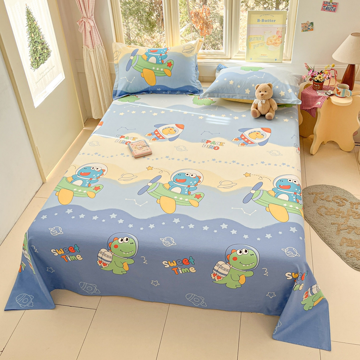 91家纺网 家纺一手货源 找家纺 莱通家纺 2026春夏新款12868全棉印花四件套单品系列二-单床单 星际天空龙