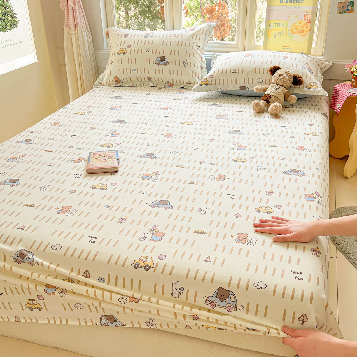 莱通家纺 2026春夏新款12868全棉印花四件套单品系列二-单床单 熊仔小汽车