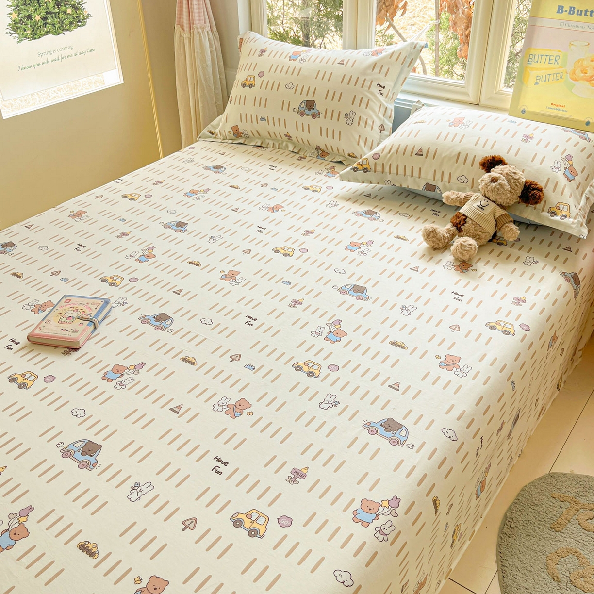 91家纺网 家纺一手货源 找家纺 莱通家纺 2026春夏新款12868全棉印花四件套单品系列二-单床单 熊仔小汽车