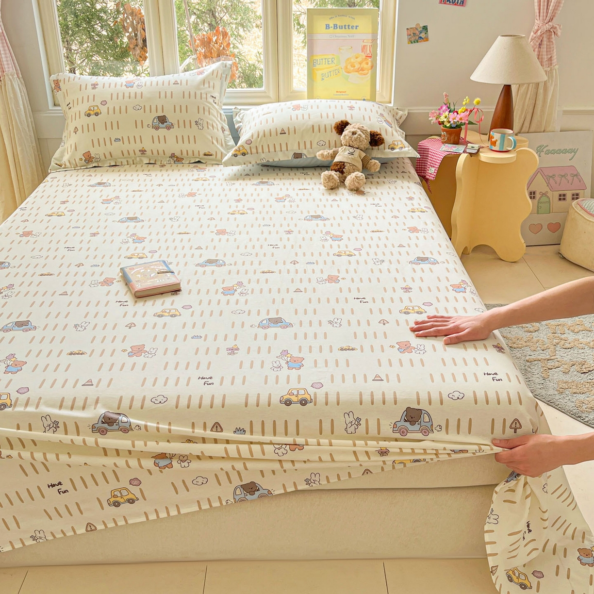 91家纺网 家纺一手货源 找家纺 莱通家纺 2026春夏新款12868全棉印花四件套单品系列二-单床单 熊仔小汽车