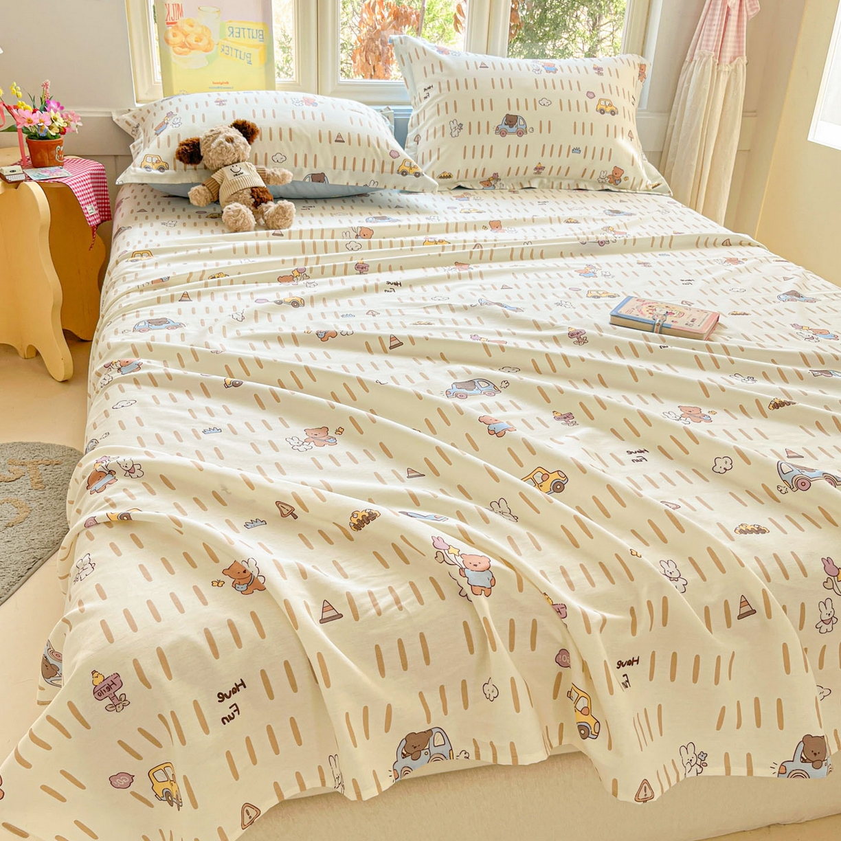 91家纺网 家纺一手货源 找家纺 莱通家纺 2026春夏新款12868全棉印花四件套单品系列二-单床单 熊仔小汽车