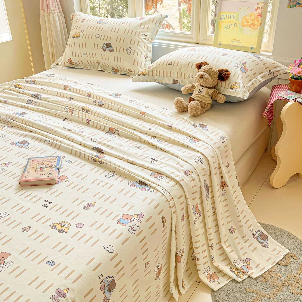 91家纺网 家纺一手货源 找家纺 莱通家纺 2026春夏新款12868全棉印花四件套单品系列二-单床单 熊仔小汽车