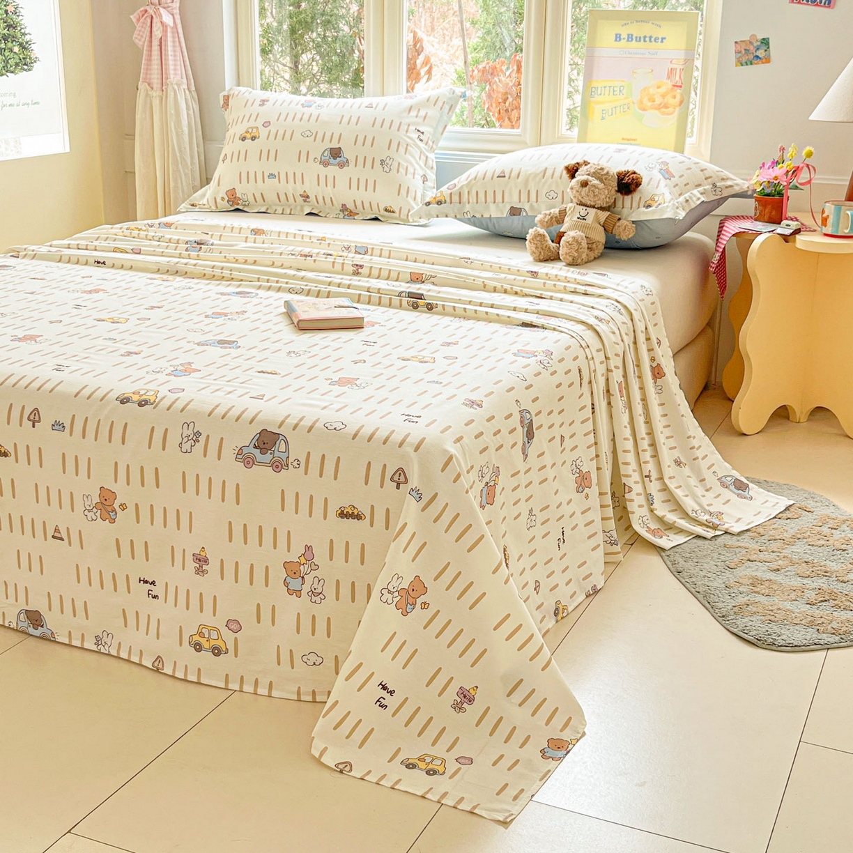 91家纺网 家纺一手货源 找家纺 莱通家纺 2026春夏新款12868全棉印花四件套单品系列二-单床单 熊仔小汽车