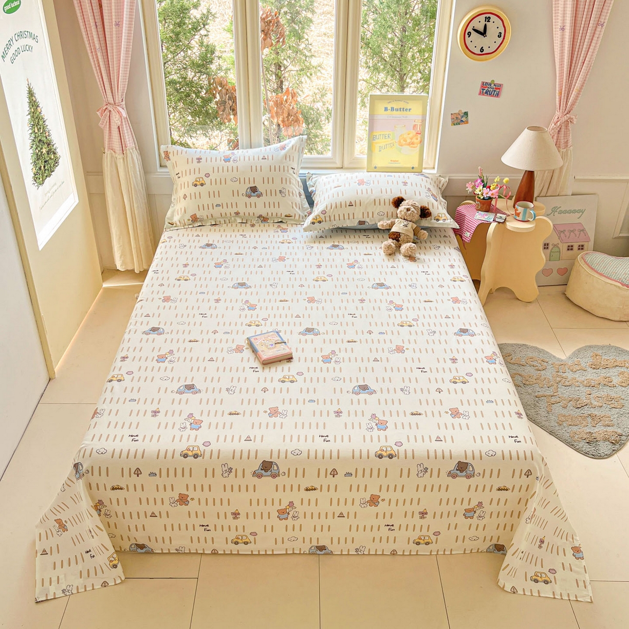 91家纺网 家纺一手货源 找家纺 莱通家纺 2026春夏新款12868全棉印花四件套单品系列二-单床单 熊仔小汽车