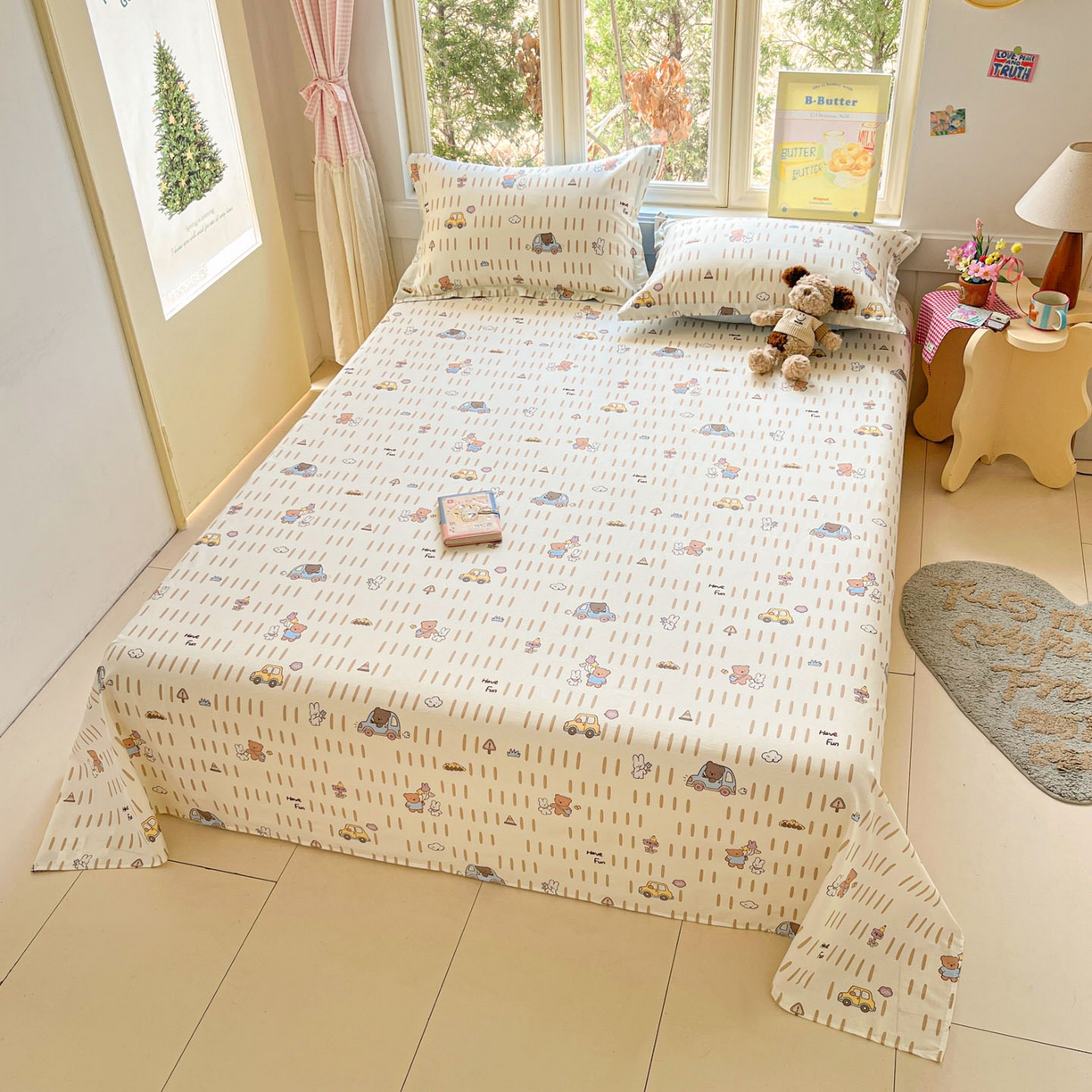 91家纺网 家纺一手货源 找家纺 莱通家纺 2026春夏新款12868全棉印花四件套单品系列二-单床单 熊仔小汽车