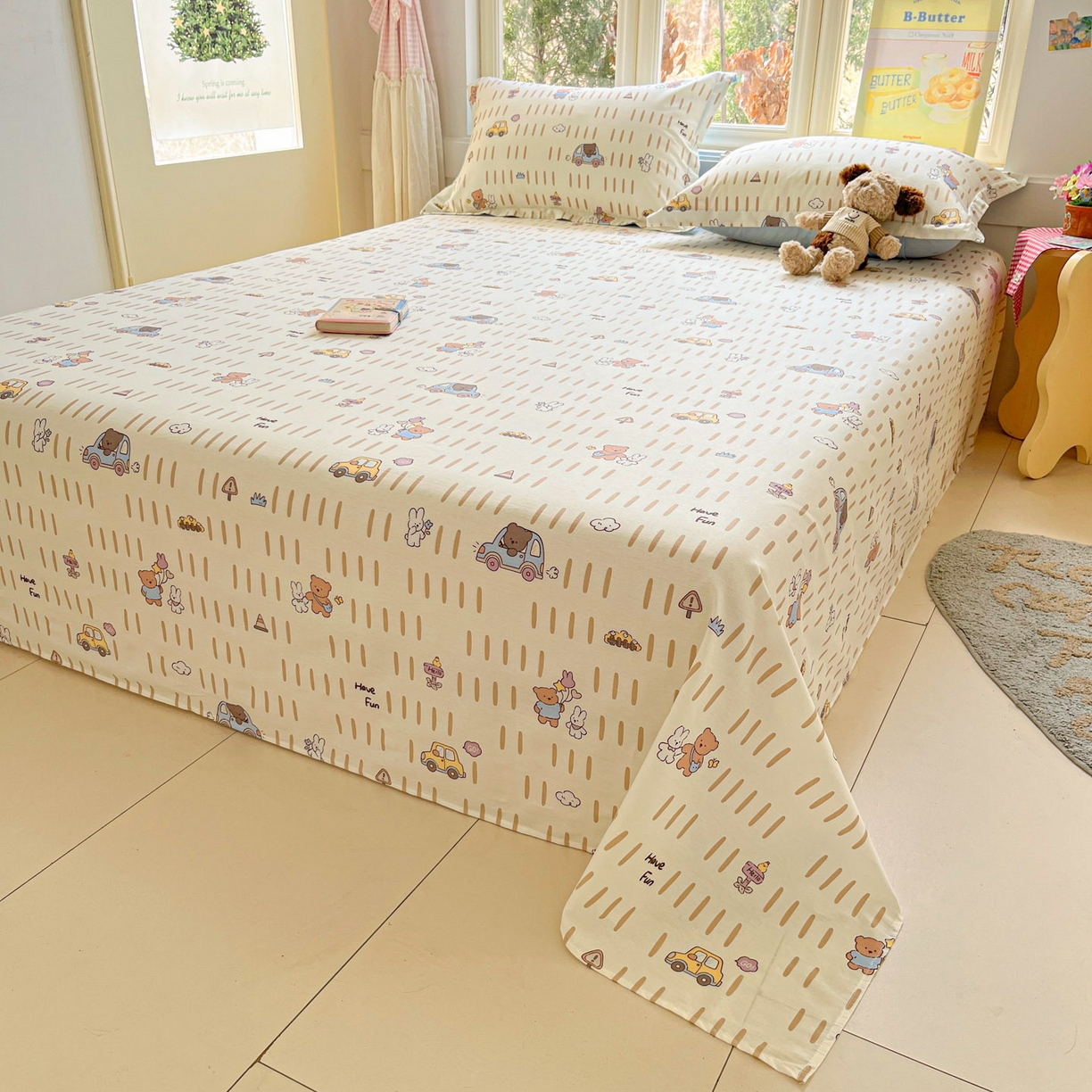 91家纺网 家纺一手货源 找家纺 莱通家纺 2026春夏新款12868全棉印花四件套单品系列二-单床单 熊仔小汽车