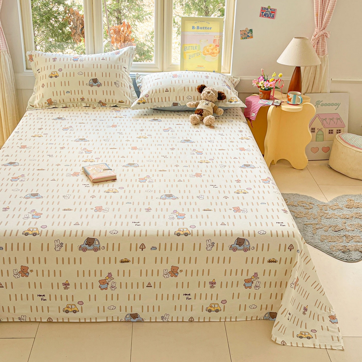 91家纺网 家纺一手货源 找家纺 莱通家纺 2026春夏新款12868全棉印花四件套单品系列二-单床单 熊仔小汽车