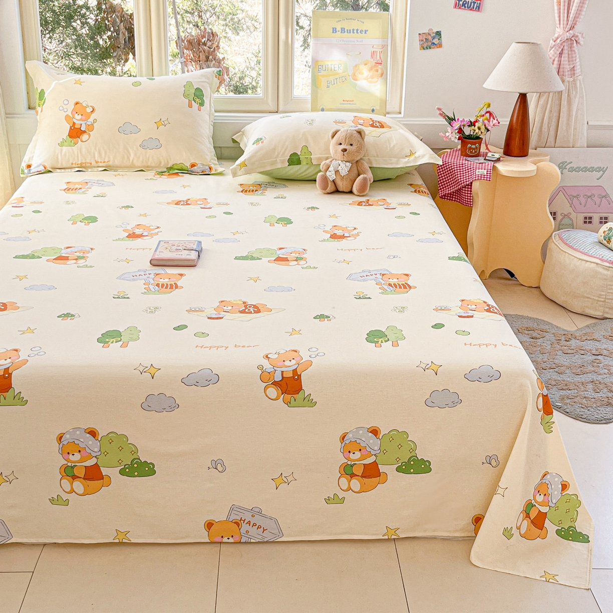 91家纺网 家纺一手货源 找家纺 莱通家纺 2026春夏新款12868全棉印花四件套单品系列二-单床单 野炊小熊