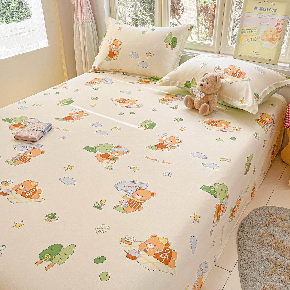 91家纺网 家纺一手货源 找家纺 莱通家纺 2026春夏新款12868全棉印花四件套单品系列二-单床单 野炊小熊