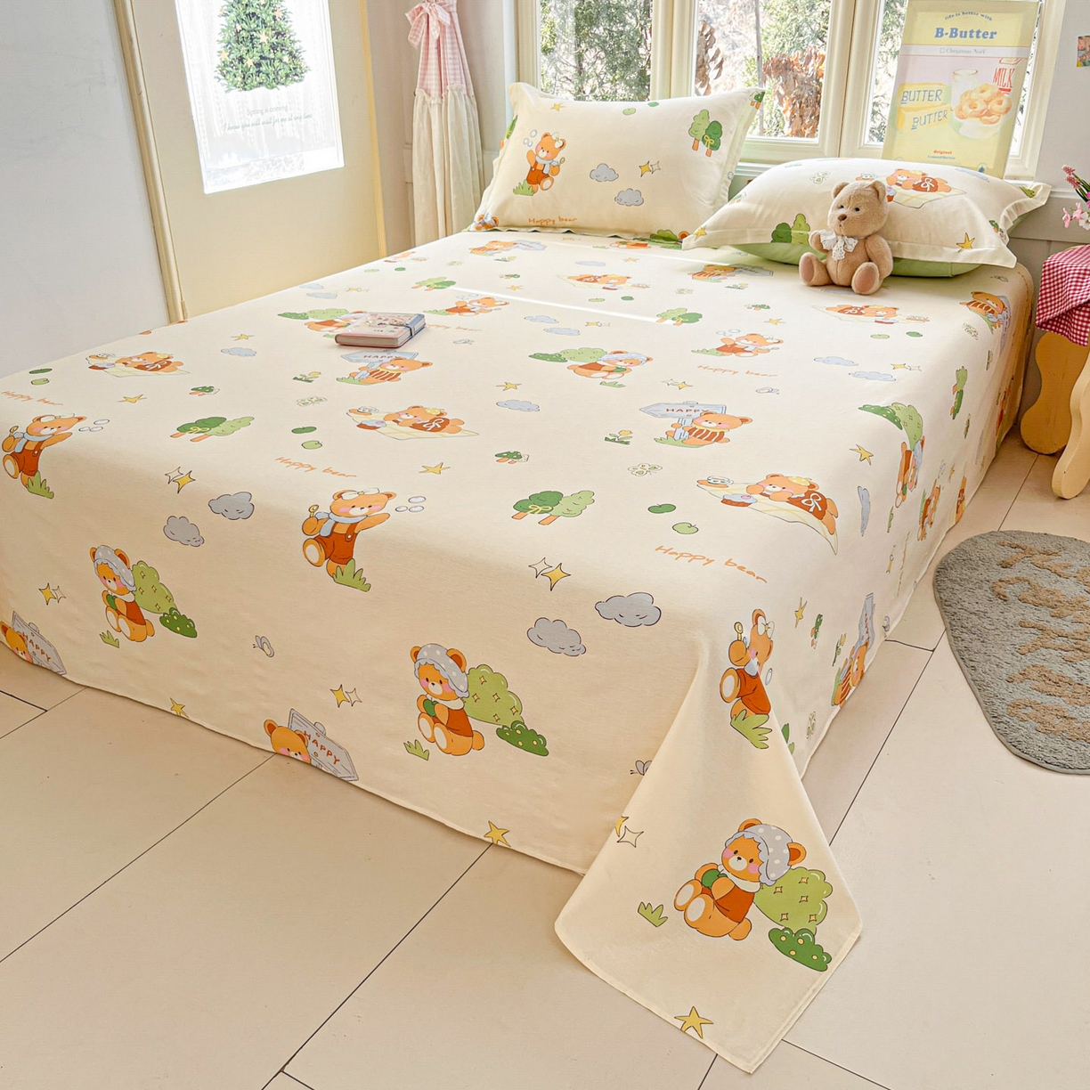 91家纺网 家纺一手货源 找家纺 莱通家纺 2026春夏新款12868全棉印花四件套单品系列二-单床单 野炊小熊